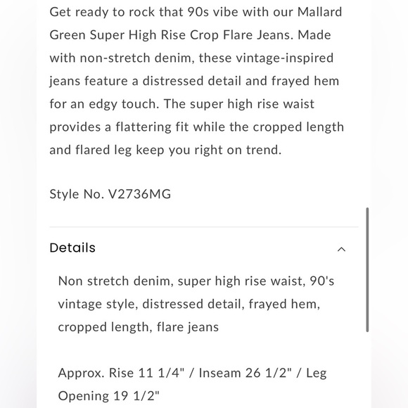 Vervet High Rise 90’s Vintage Crop Flare Jeans in Mallard Green - Picture 10 of 11